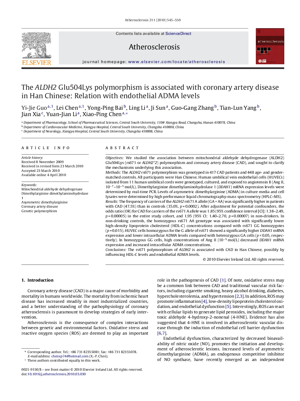 The ALDH2 Glu504Lys polymorphism is associated with coronary artery disease in Han Chinese: Relation with endothelial ADMA levels