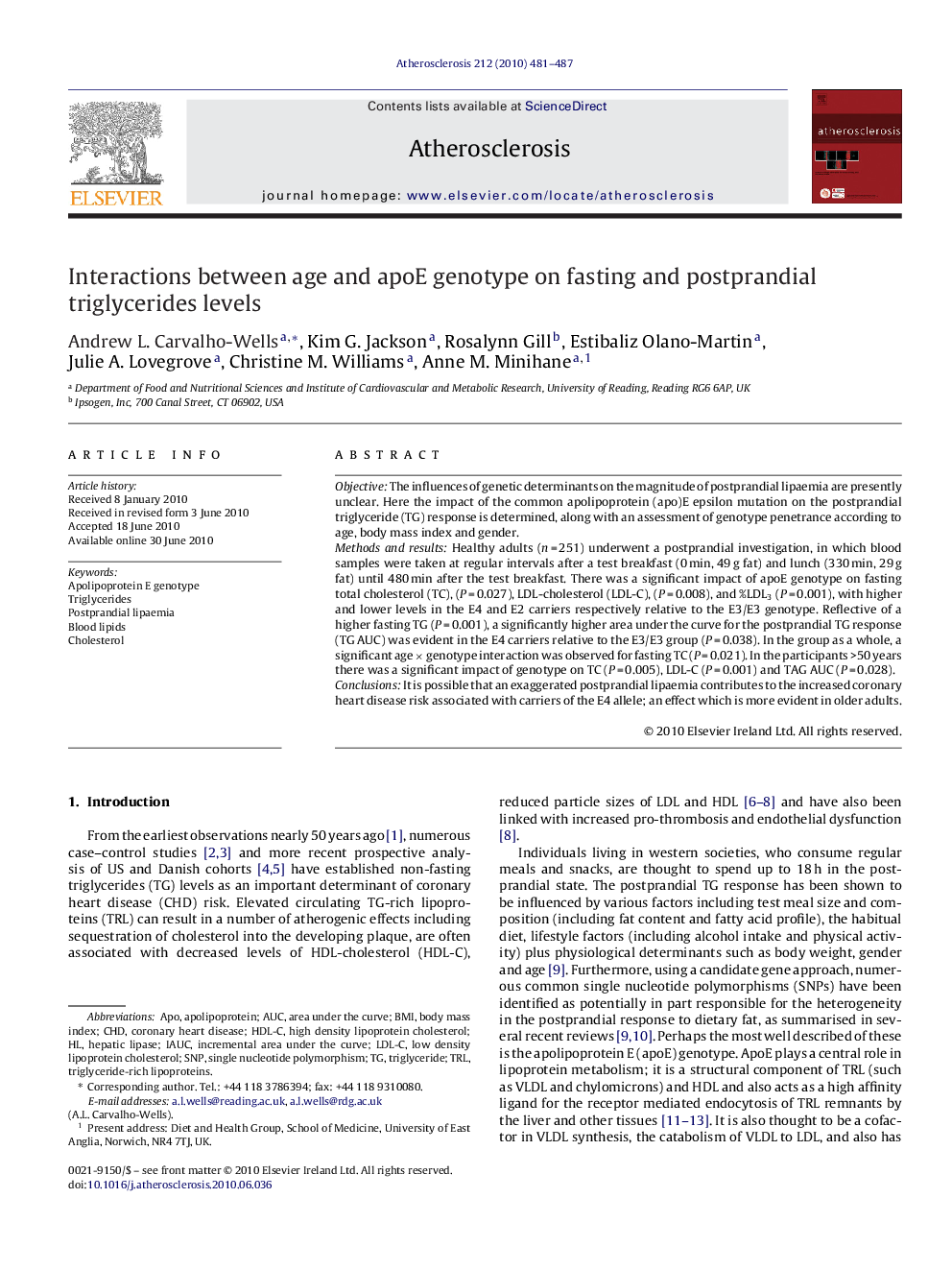 Interactions between age and apoE genotype on fasting and postprandial triglycerides levels