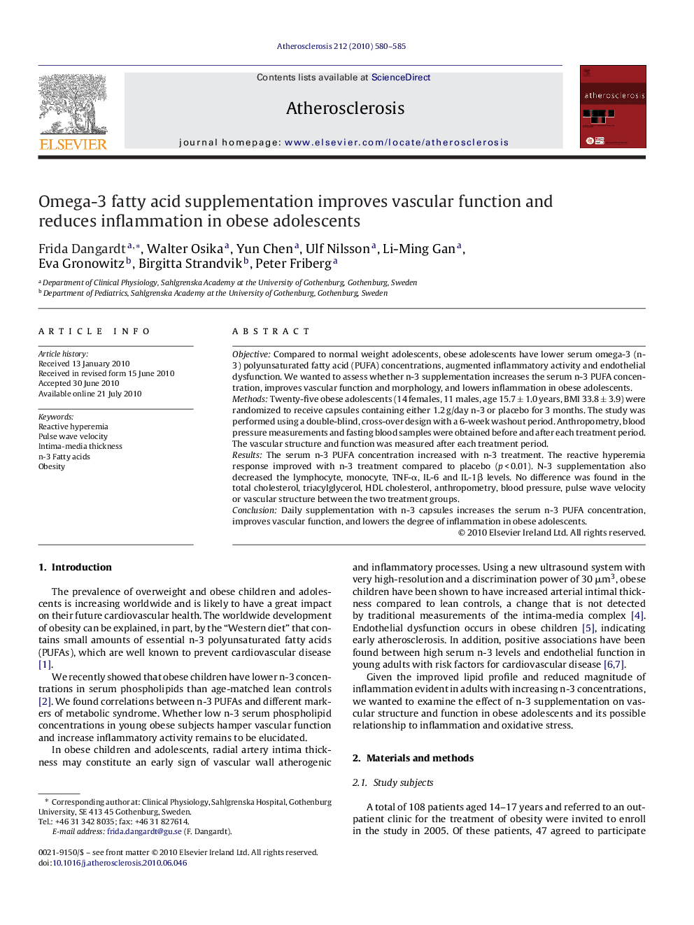 Omega-3 fatty acid supplementation improves vascular function and reduces inflammation in obese adolescents