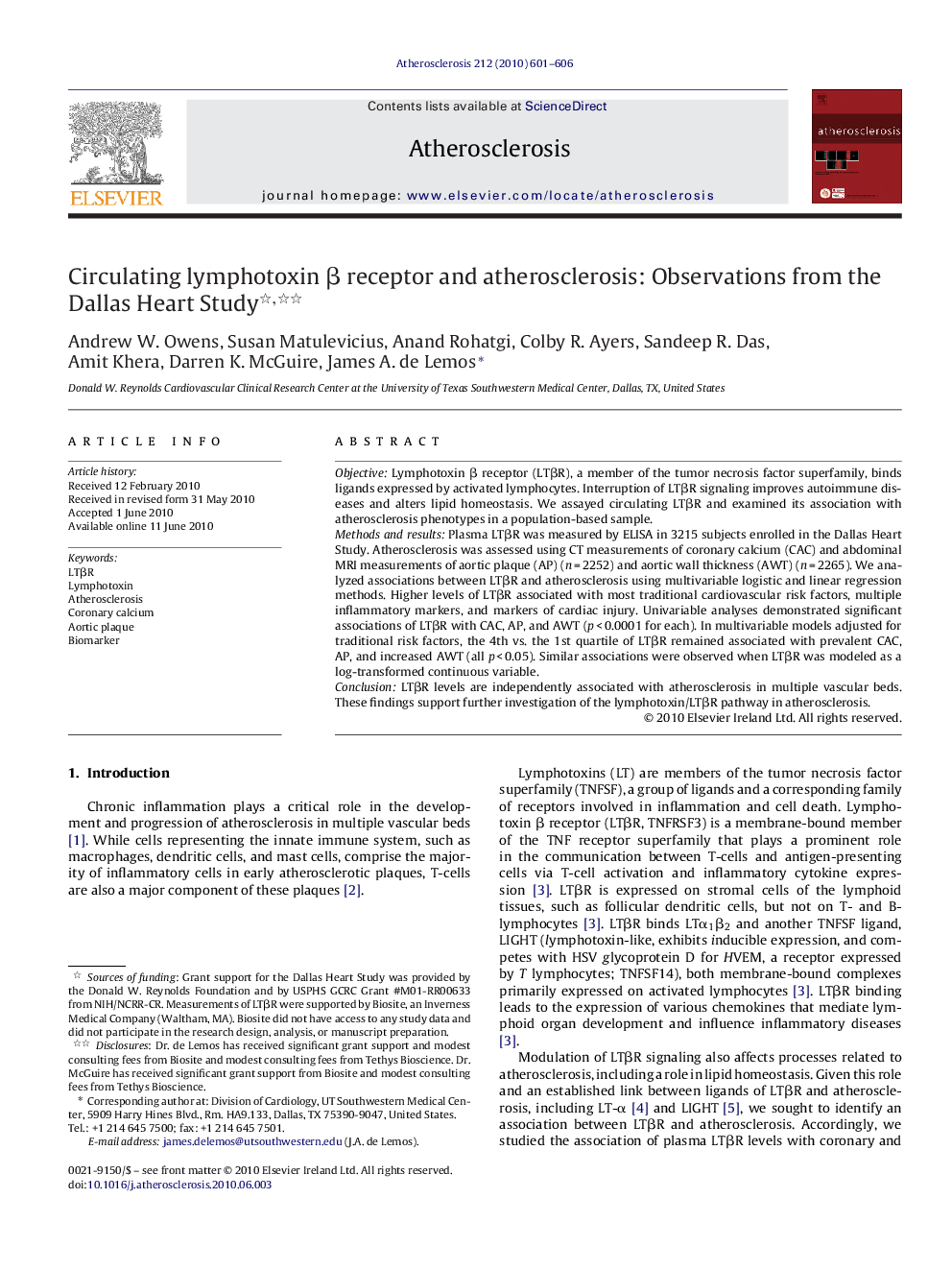 Circulating lymphotoxin β receptor and atherosclerosis: Observations from the Dallas Heart Study 