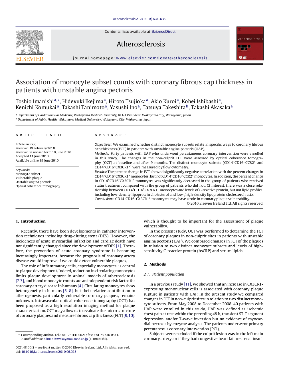 Association of monocyte subset counts with coronary fibrous cap thickness in patients with unstable angina pectoris