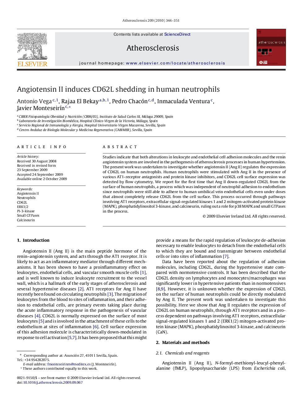 Angiotensin II induces CD62L shedding in human neutrophils