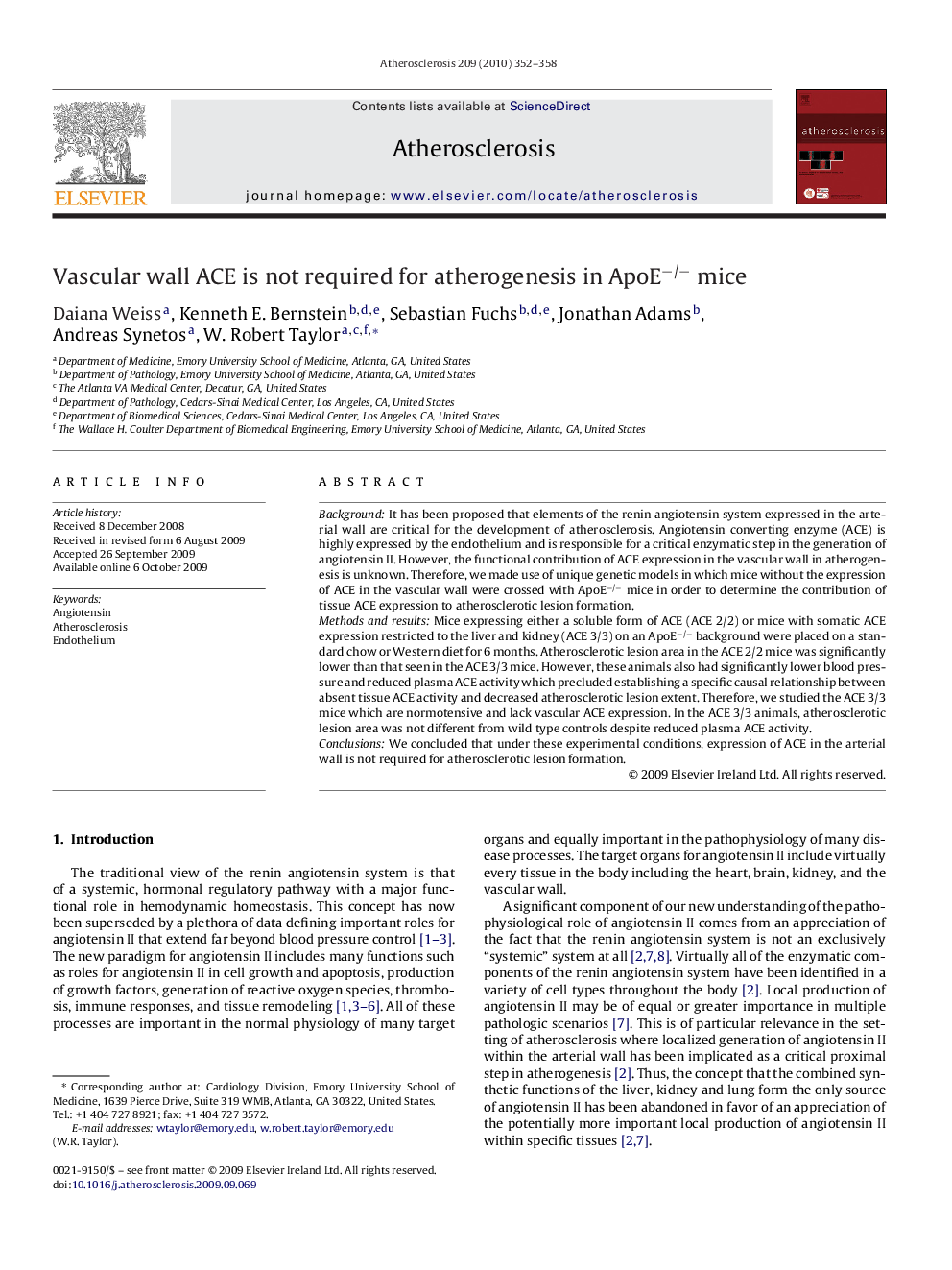 Vascular wall ACE is not required for atherogenesis in ApoE−/− mice