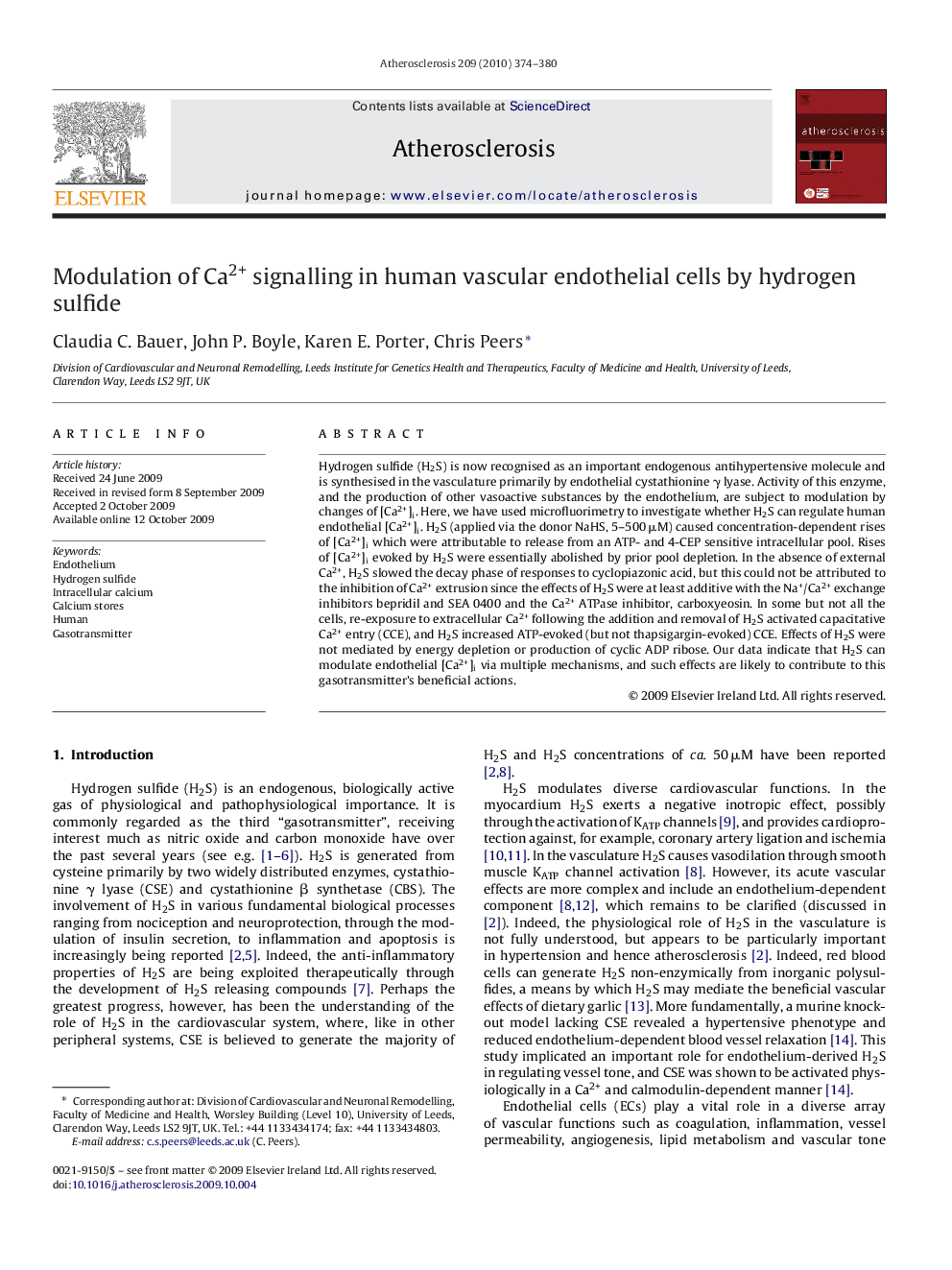 Modulation of Ca2+ signalling in human vascular endothelial cells by hydrogen sulfide