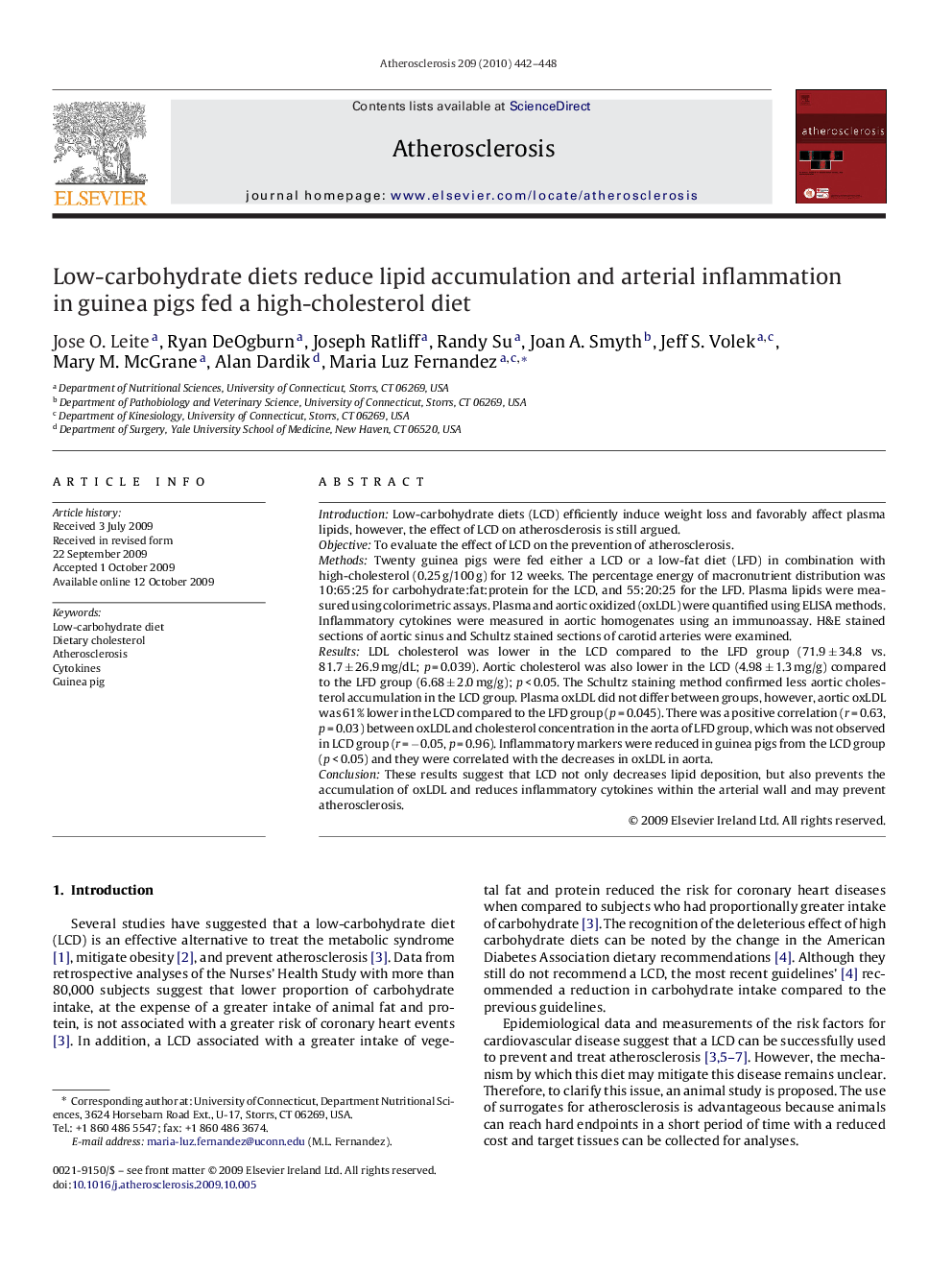 Low-carbohydrate diets reduce lipid accumulation and arterial inflammation in guinea pigs fed a high-cholesterol diet