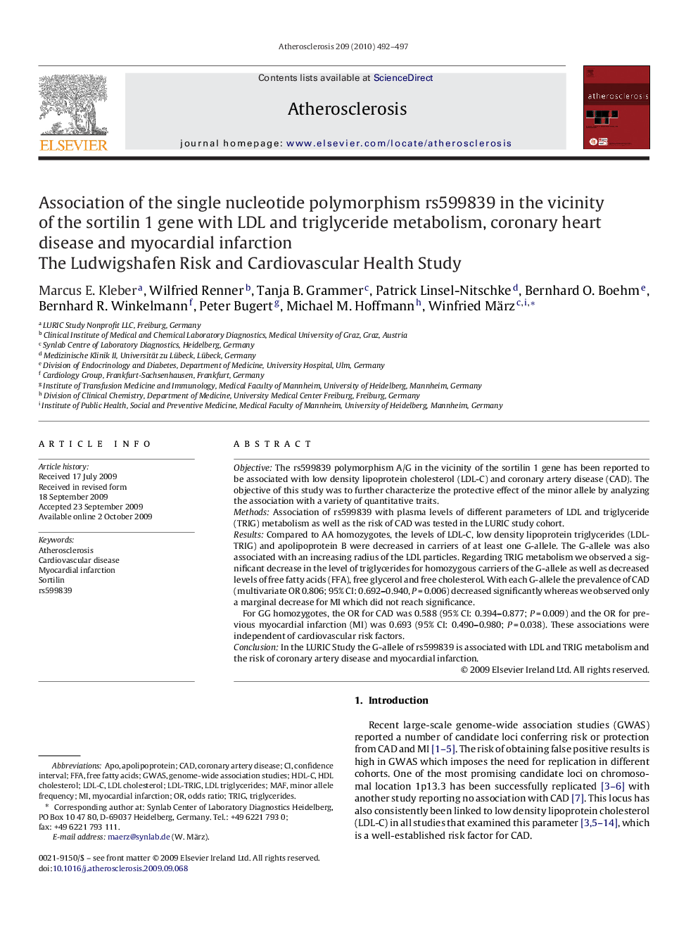 Association of the single nucleotide polymorphism rs599839 in the vicinity of the sortilin 1 gene with LDL and triglyceride metabolism, coronary heart disease and myocardial infarction: The Ludwigshafen Risk and Cardiovascular Health Study