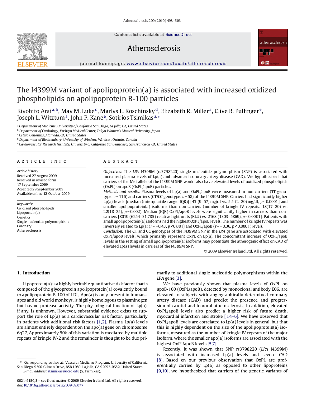 The I4399M variant of apolipoprotein(a) is associated with increased oxidized phospholipids on apolipoprotein B-100 particles