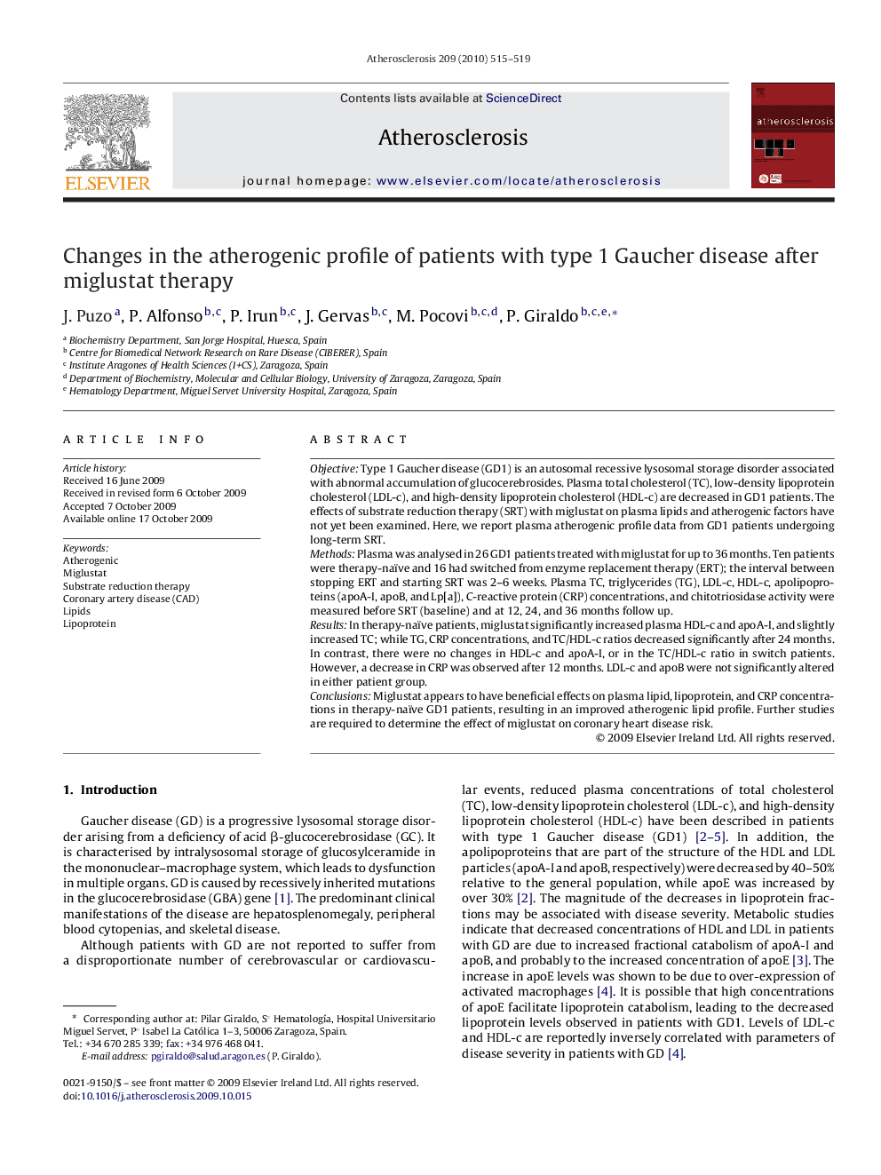 Changes in the atherogenic profile of patients with type 1 Gaucher disease after miglustat therapy