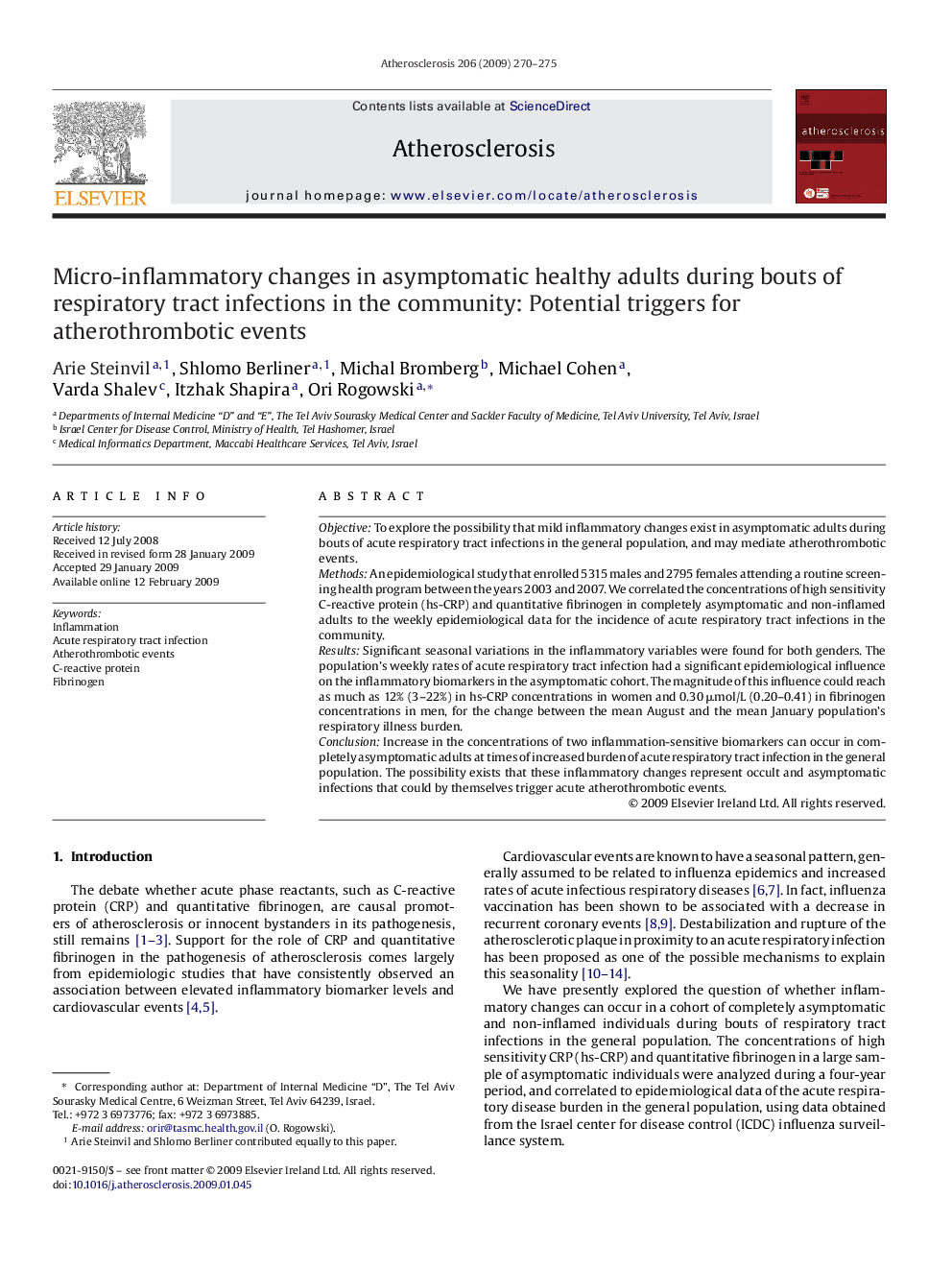 Micro-inflammatory changes in asymptomatic healthy adults during bouts of respiratory tract infections in the community: Potential triggers for atherothrombotic events