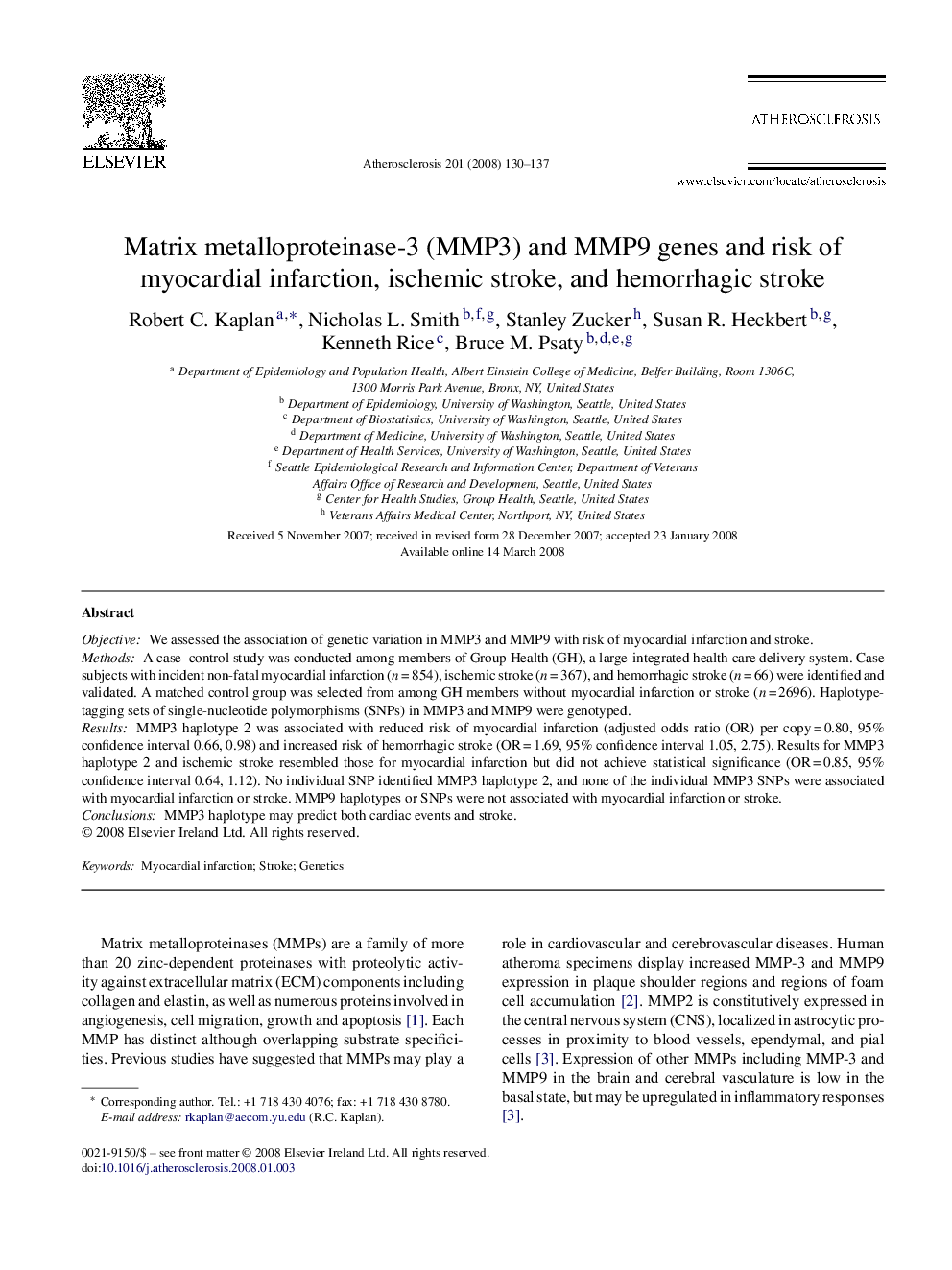 Matrix metalloproteinase-3 (MMP3) and MMP9 genes and risk of myocardial infarction, ischemic stroke, and hemorrhagic stroke