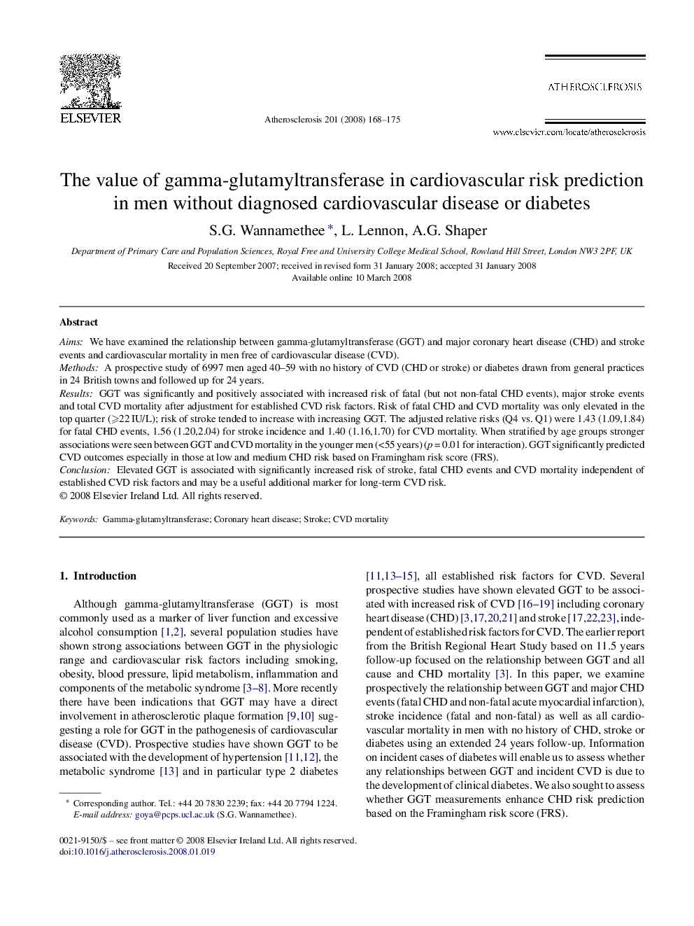 The value of gamma-glutamyltransferase in cardiovascular risk prediction in men without diagnosed cardiovascular disease or diabetes