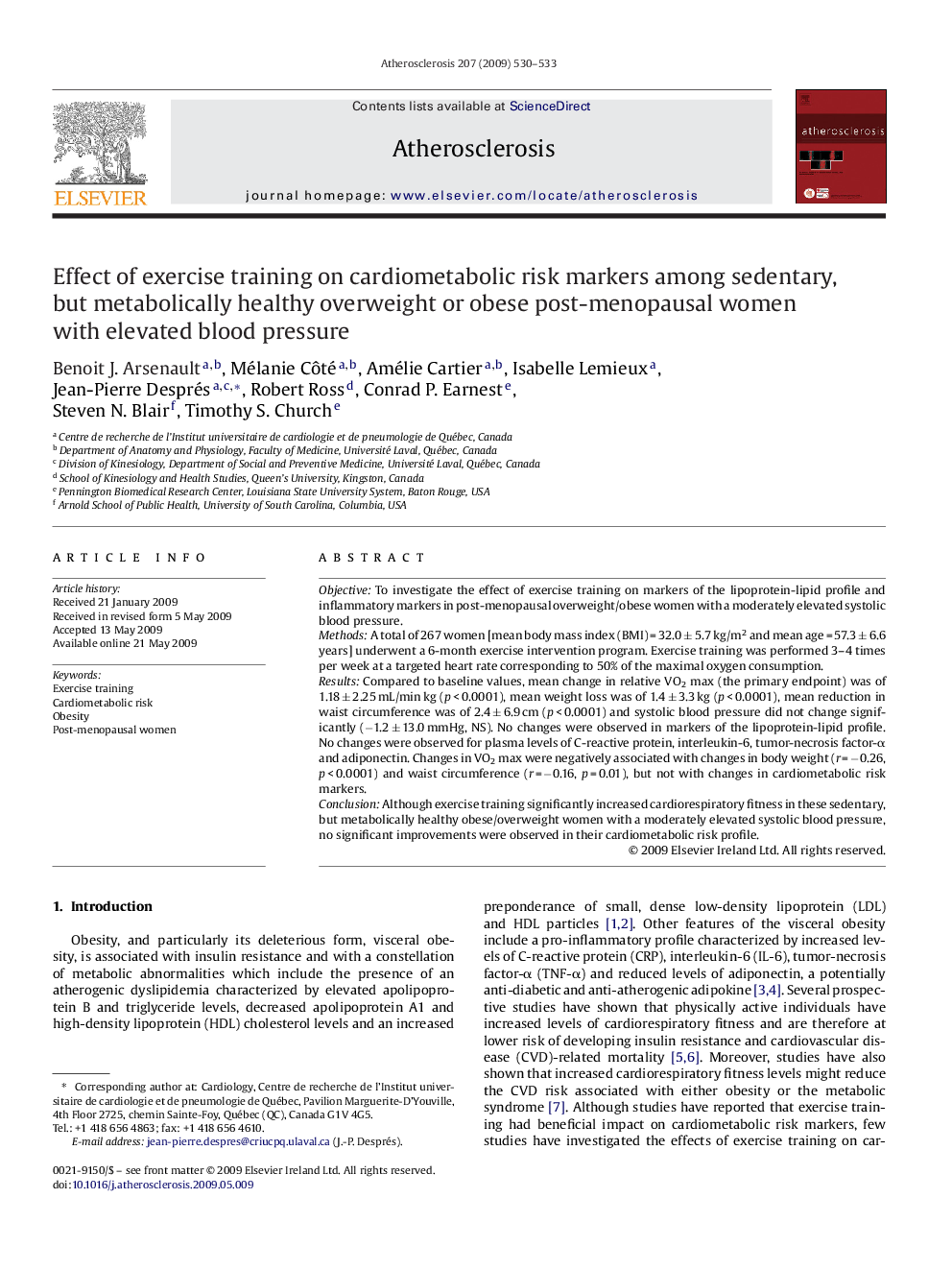 Effect of exercise training on cardiometabolic risk markers among sedentary, but metabolically healthy overweight or obese post-menopausal women with elevated blood pressure