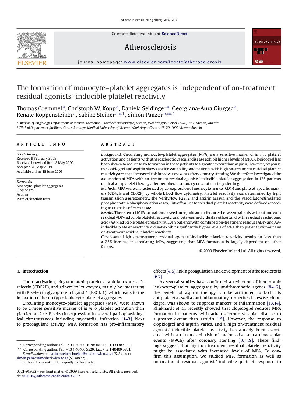 عکس صفحه اول مقاله: The formation of monocyte–platelet aggregates is independent of on-treatment residual agonists’-inducible platelet reactivity The formation of monocyte–platelet aggregates is independent of on-treatment residual agonists’-inducible platelet reactivity