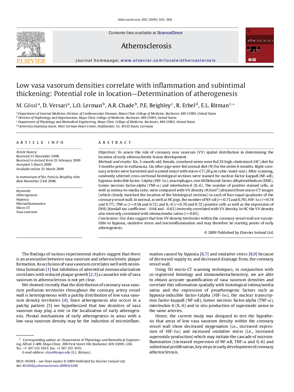 Low vasa vasorum densities correlate with inflammation and subintimal thickening: Potential role in location—Determination of atherogenesis