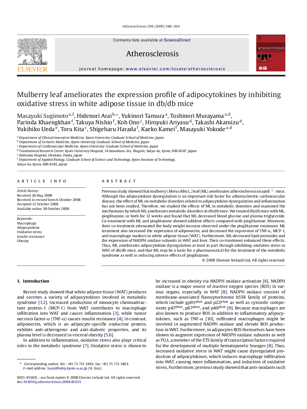 Mulberry leaf ameliorates the expression profile of adipocytokines by inhibiting oxidative stress in white adipose tissue in db/db mice