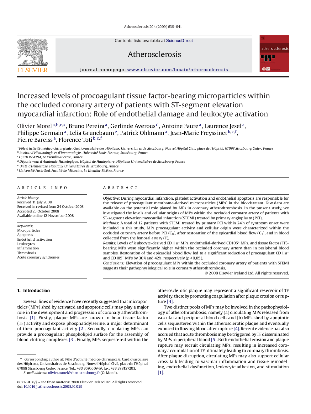 Increased levels of procoagulant tissue factor-bearing microparticles within the occluded coronary artery of patients with ST-segment elevation myocardial infarction: Role of endothelial damage and leukocyte activation