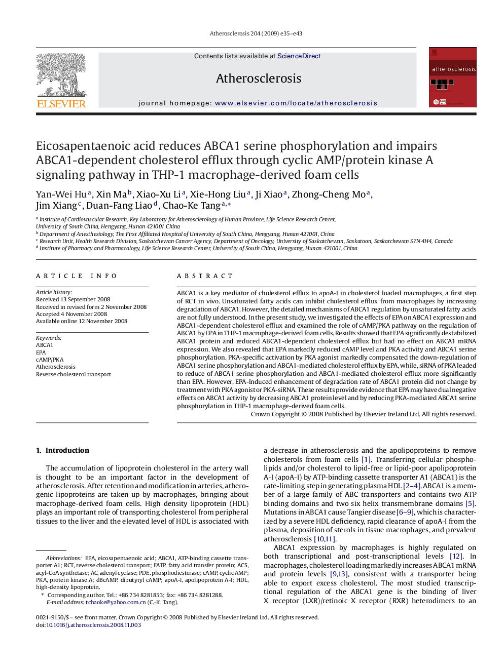 Eicosapentaenoic acid reduces ABCA1 serine phosphorylation and impairs ABCA1-dependent cholesterol efflux through cyclic AMP/protein kinase A signaling pathway in THP-1 macrophage-derived foam cells