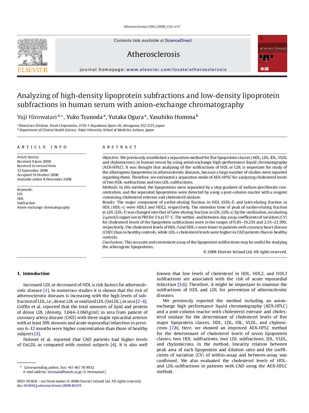 Analyzing of high-density lipoprotein subfractions and low-density lipoprotein subfractions in human serum with anion-exchange chromatography