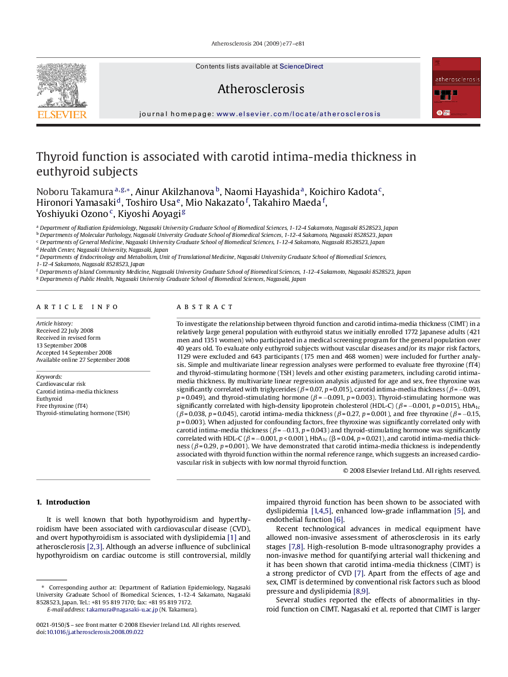 Thyroid function is associated with carotid intima-media thickness in euthyroid subjects