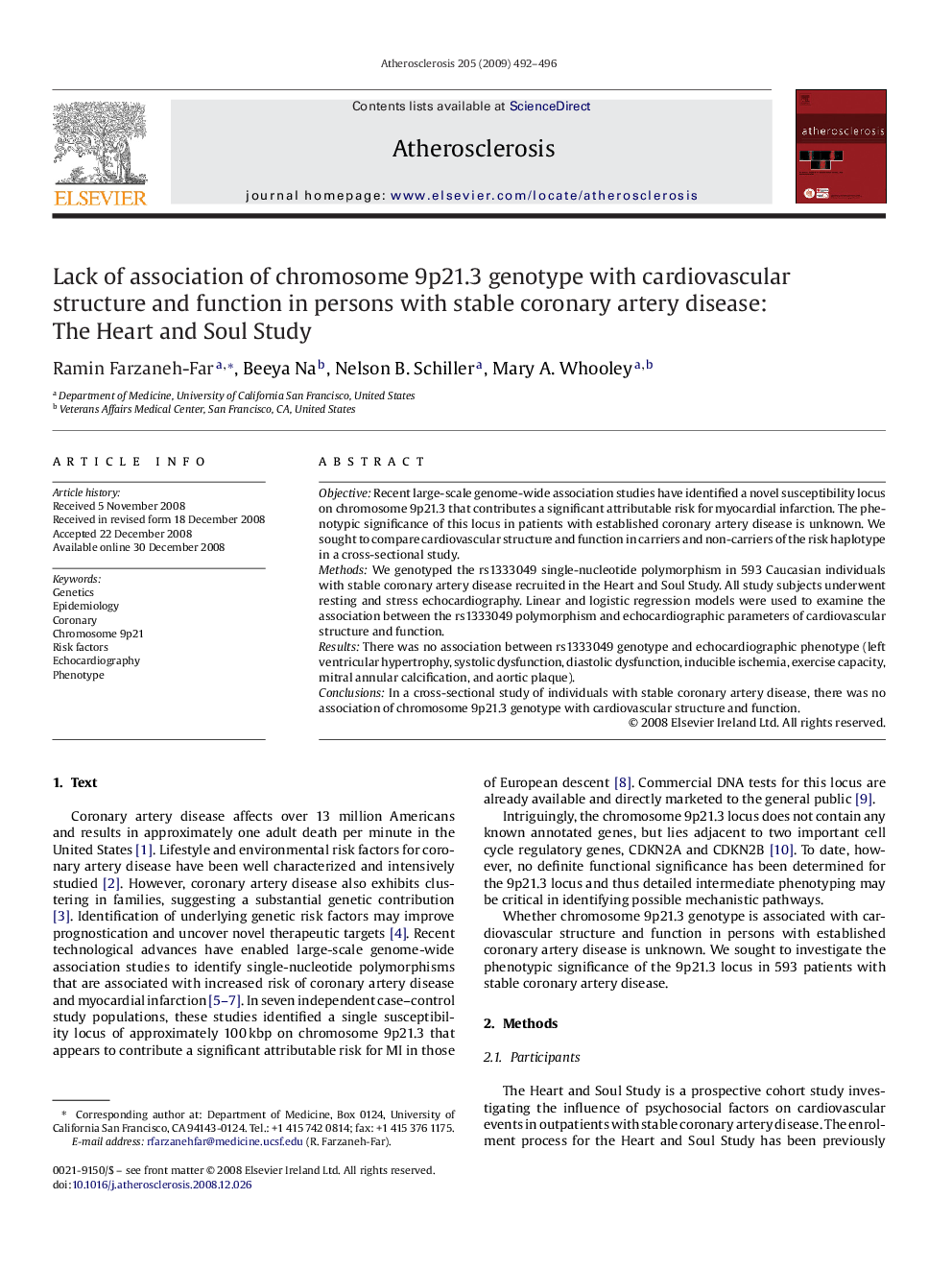 Lack of association of chromosome 9p21.3 genotype with cardiovascular structure and function in persons with stable coronary artery disease: The Heart and Soul Study