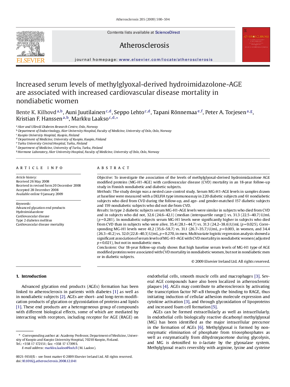 Increased serum levels of methylglyoxal-derived hydroimidazolone-AGE are associated with increased cardiovascular disease mortality in nondiabetic women