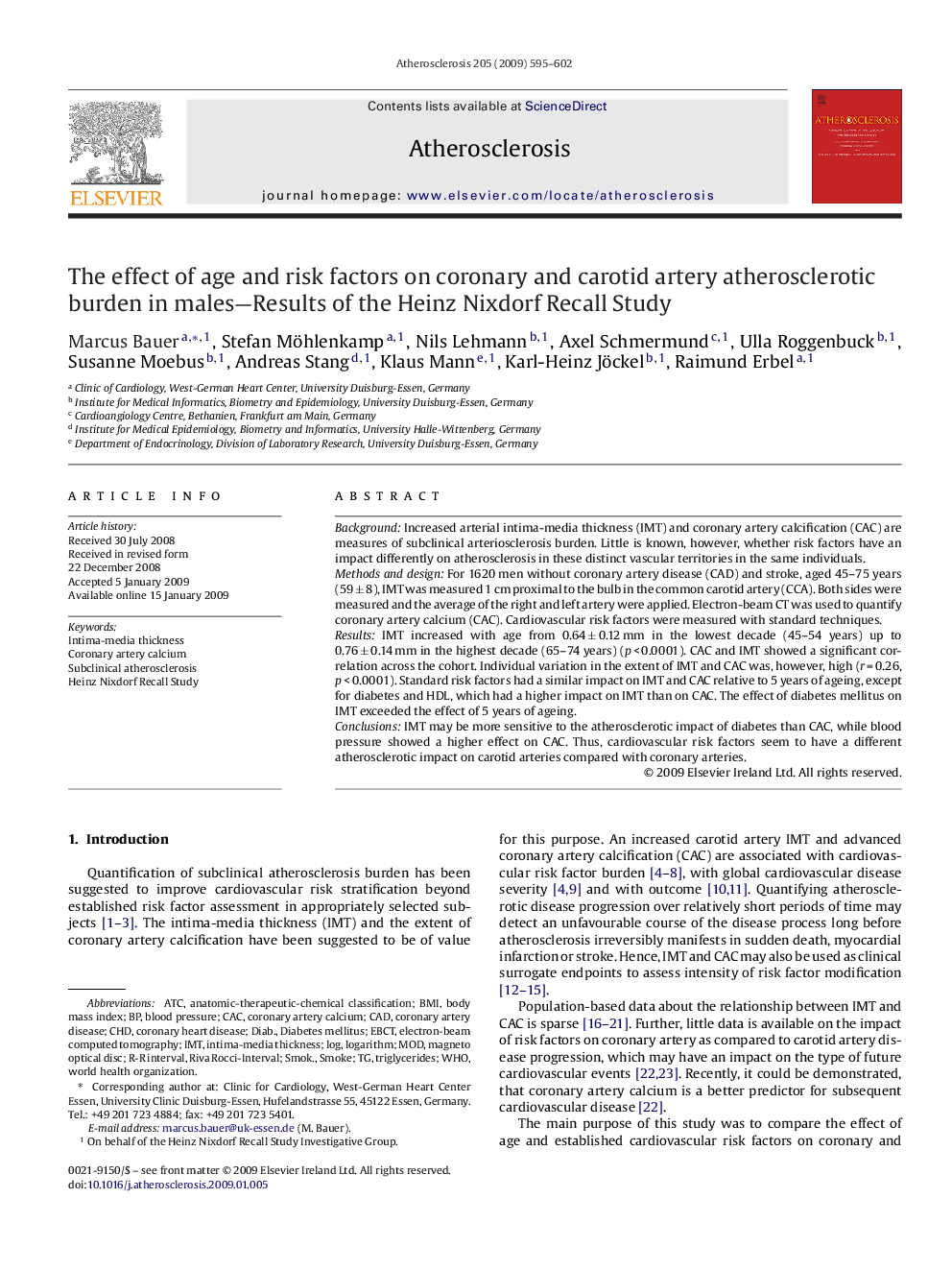 The effect of age and risk factors on coronary and carotid artery atherosclerotic burden in males—Results of the Heinz Nixdorf Recall Study