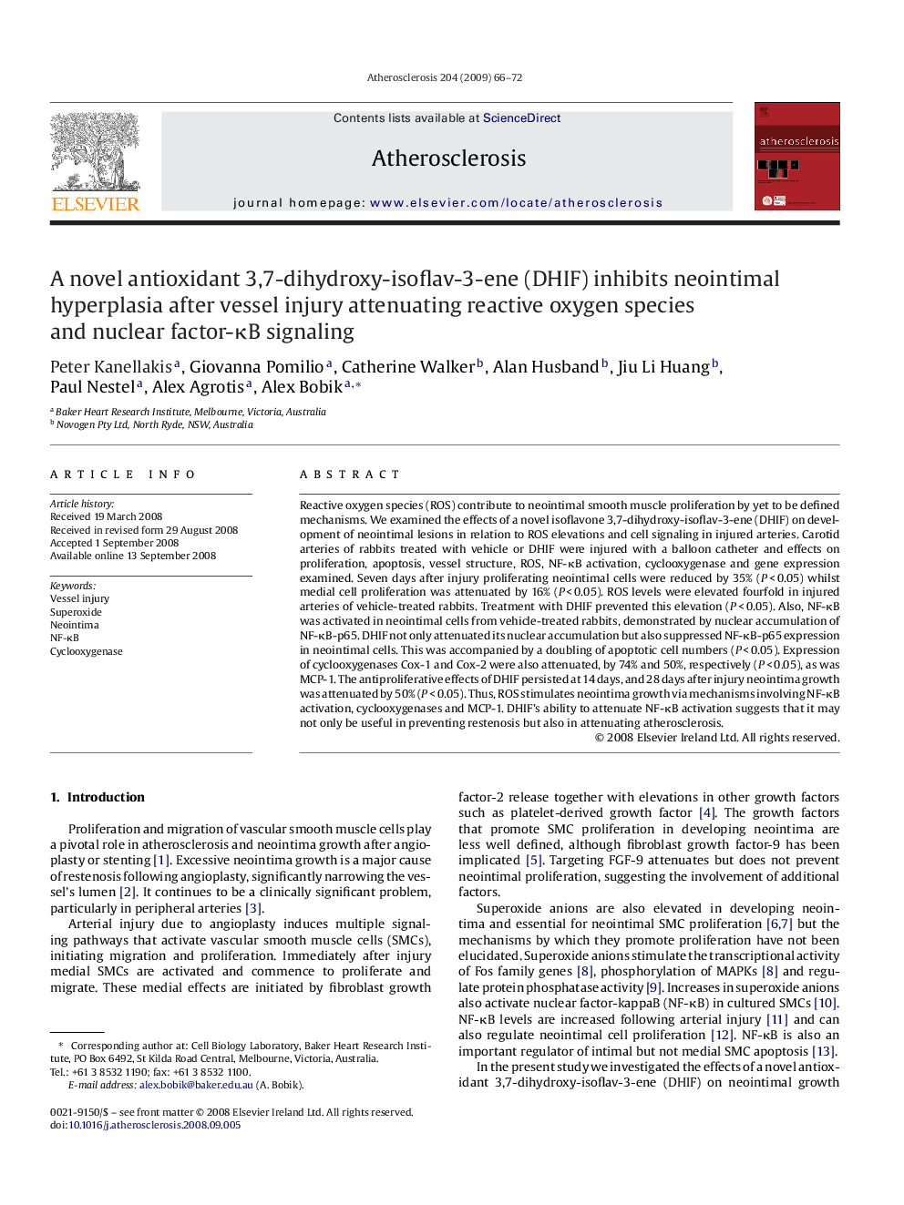 A novel antioxidant 3,7-dihydroxy-isoflav-3-ene (DHIF) inhibits neointimal hyperplasia after vessel injury attenuating reactive oxygen species and nuclear factor-κB signaling