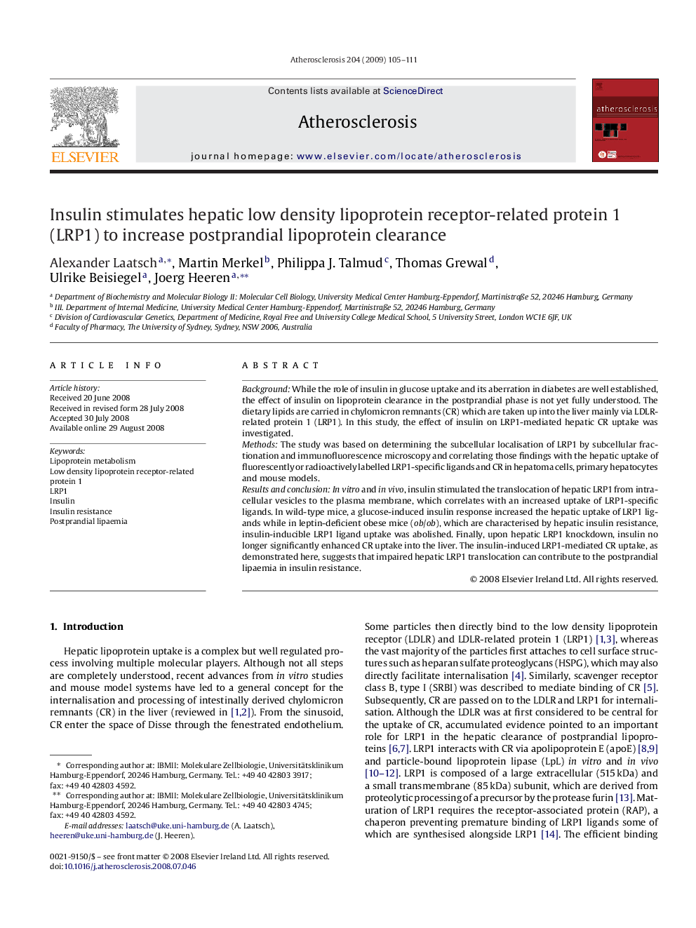 Insulin stimulates hepatic low density lipoprotein receptor-related protein 1 (LRP1) to increase postprandial lipoprotein clearance