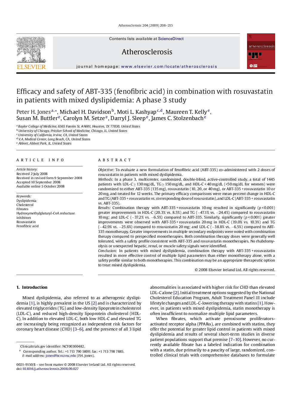 Efficacy and safety of ABT-335 (fenofibric acid) in combination with rosuvastatin in patients with mixed dyslipidemia: A phase 3 study 