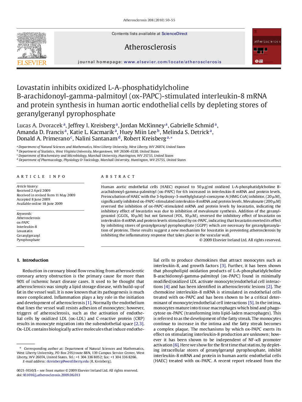 Lovastatin inhibits oxidized L-A-phosphatidylcholine B-arachidonoyl-gamma-palmitoyl (ox-PAPC)-stimulated interleukin-8 mRNA and protein synthesis in human aortic endothelial cells by depleting stores of geranylgeranyl pyrophosphate