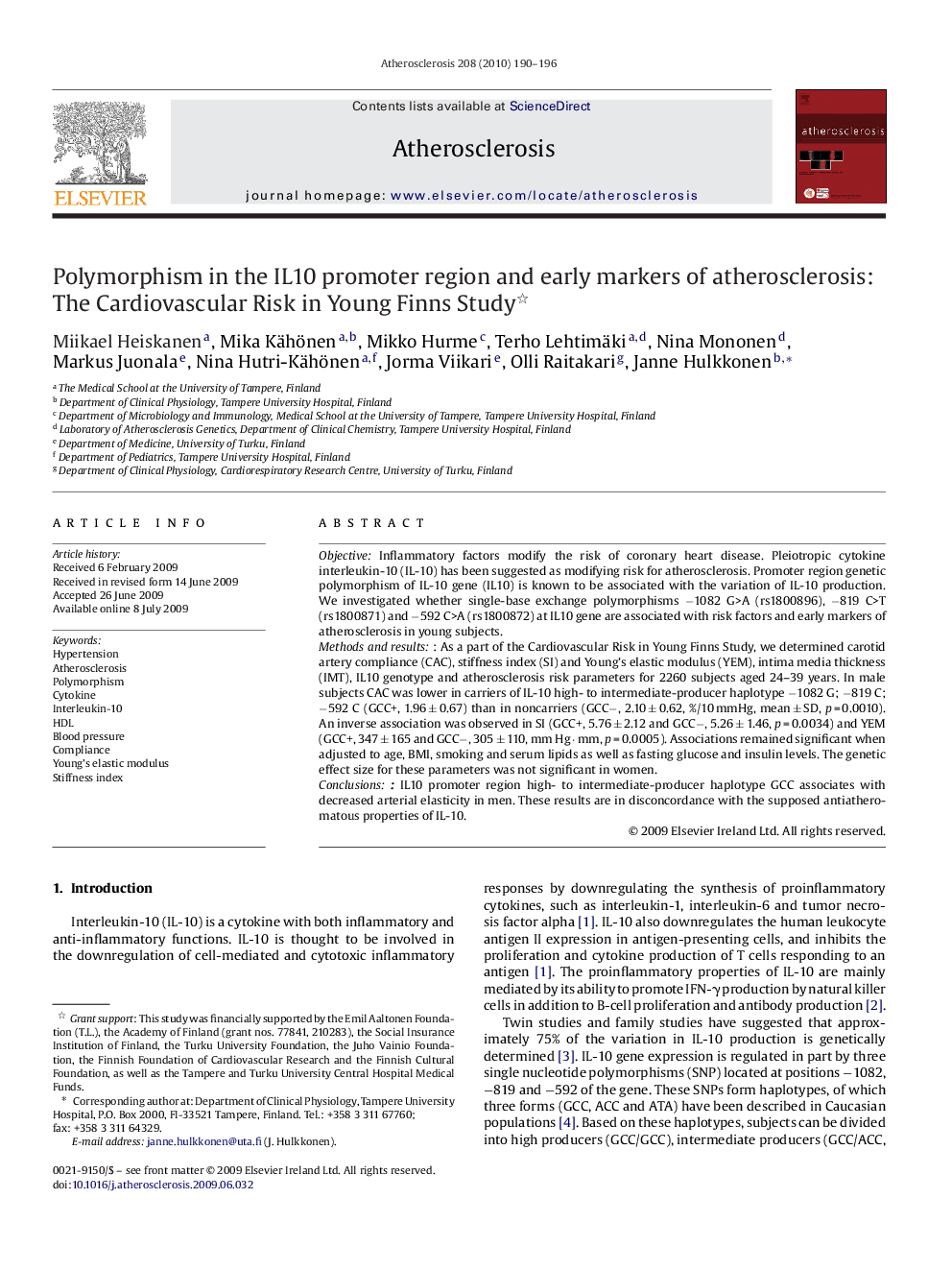 Polymorphism in the IL10 promoter region and early markers of atherosclerosis: The Cardiovascular Risk in Young Finns Study 