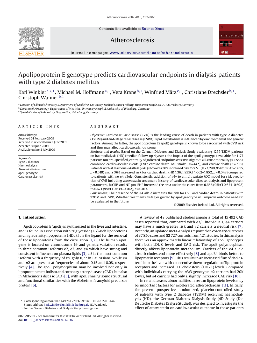 Apolipoprotein E genotype predicts cardiovascular endpoints in dialysis patients with type 2 diabetes mellitus