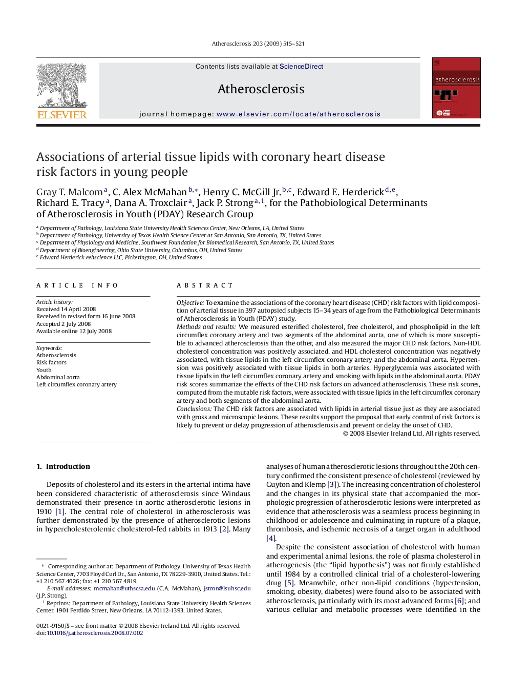 Associations of arterial tissue lipids with coronary heart disease risk factors in young people