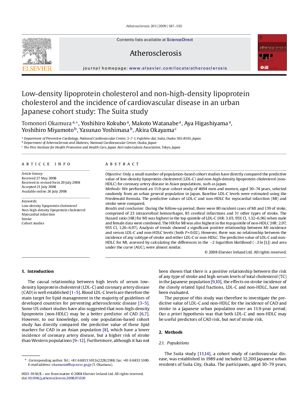 Low-density lipoprotein cholesterol and non-high-density lipoprotein cholesterol and the incidence of cardiovascular disease in an urban Japanese cohort study: The Suita study