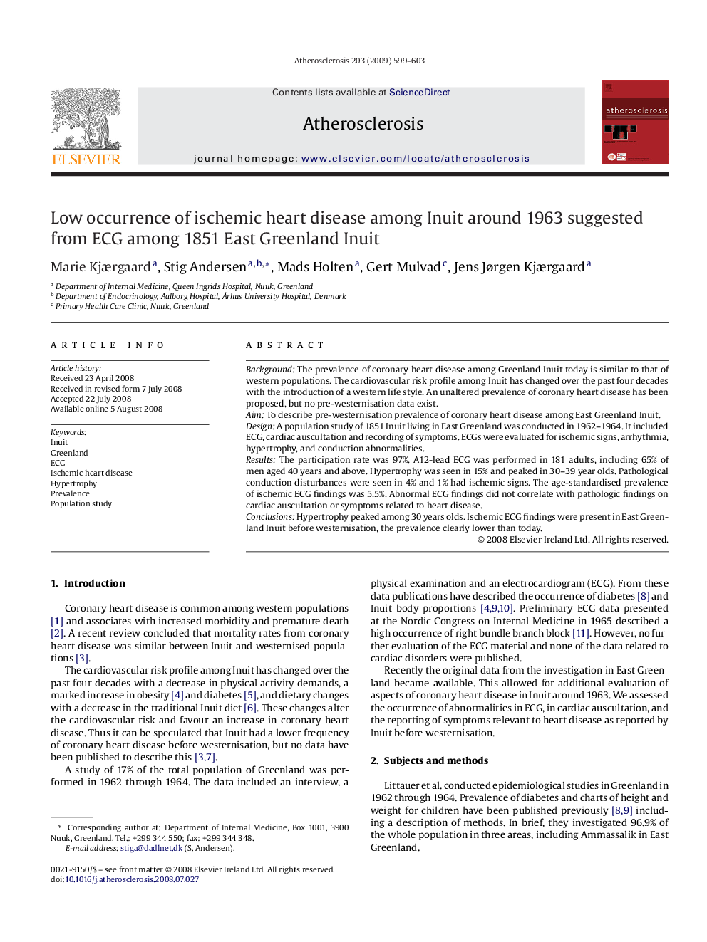 Low occurrence of ischemic heart disease among Inuit around 1963 suggested from ECG among 1851 East Greenland Inuit