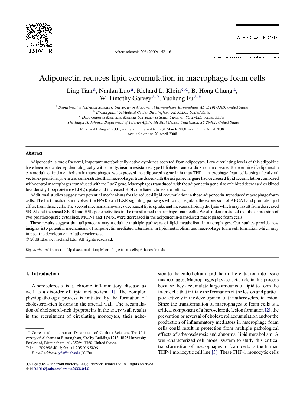 Adiponectin reduces lipid accumulation in macrophage foam cells