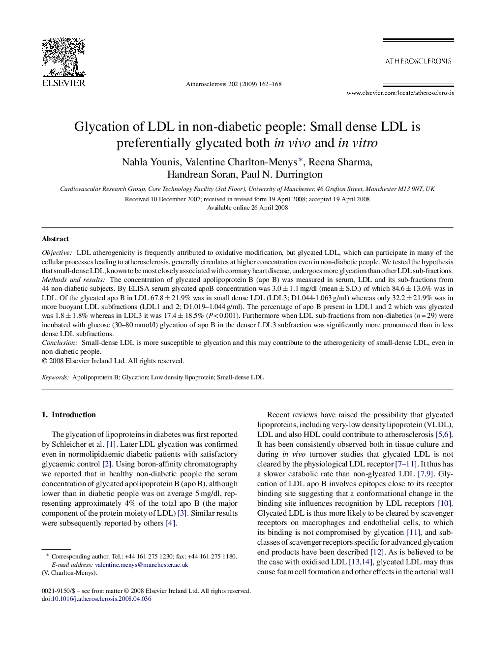 Glycation of LDL in non-diabetic people: Small dense LDL is preferentially glycated both in vivo and in vitro