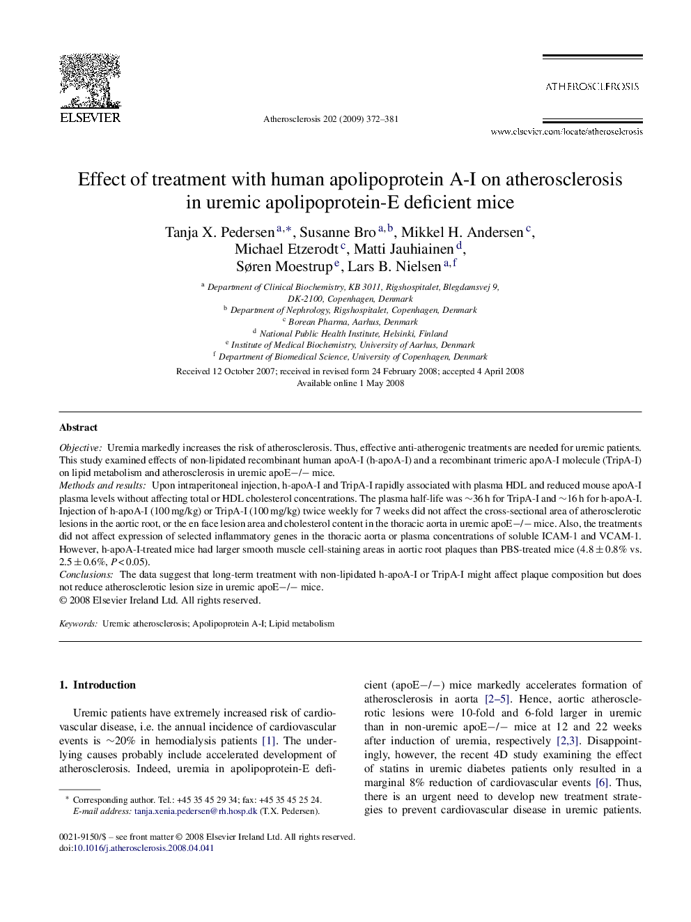 Effect of treatment with human apolipoprotein A-I on atherosclerosis in uremic apolipoprotein-E deficient mice