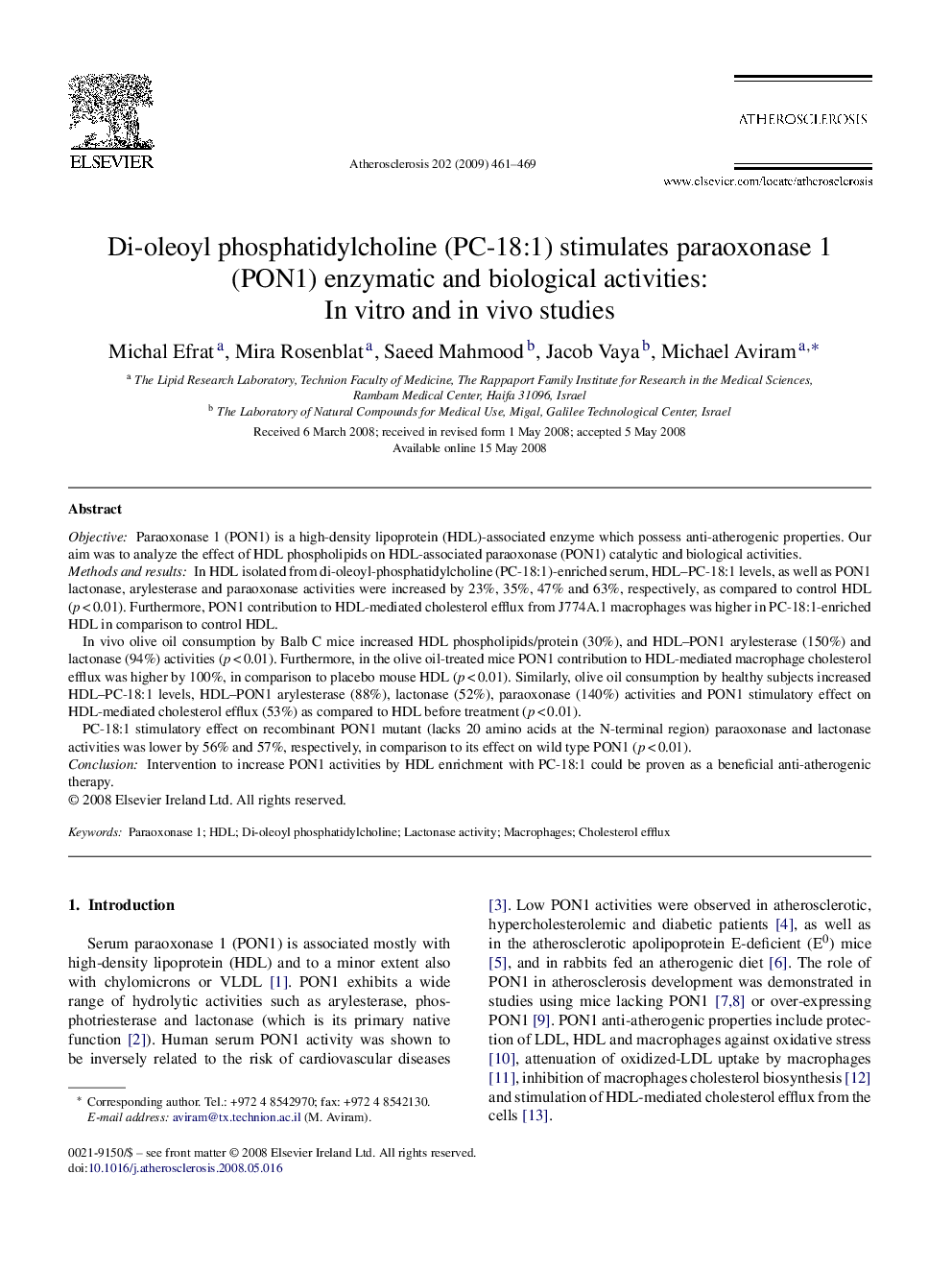 Di-oleoyl phosphatidylcholine (PC-18:1) stimulates paraoxonase 1 (PON1) enzymatic and biological activities: In vitro and in vivo studies