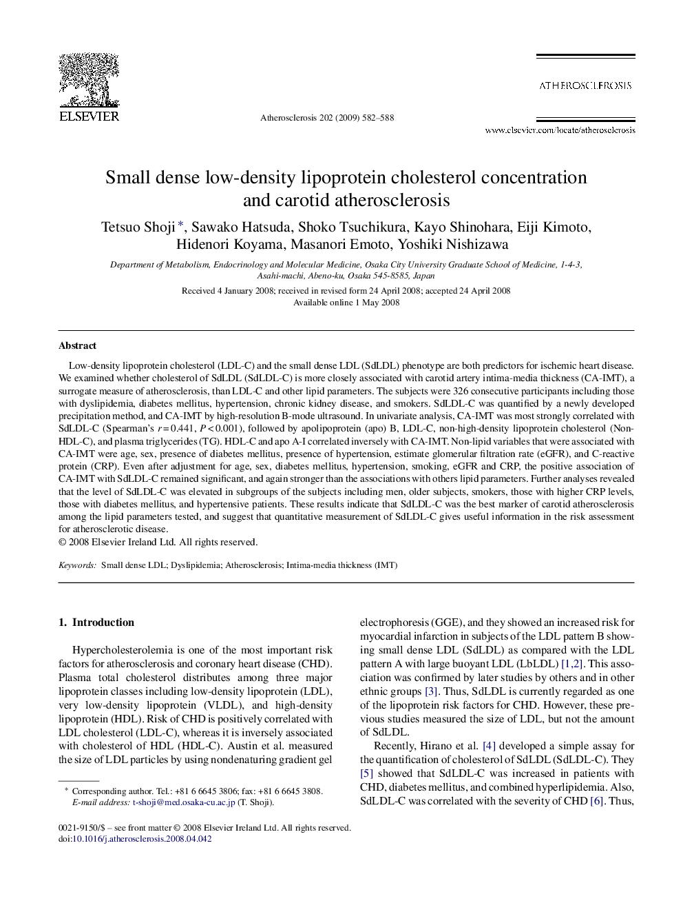 Small dense low-density lipoprotein cholesterol concentration and carotid atherosclerosis