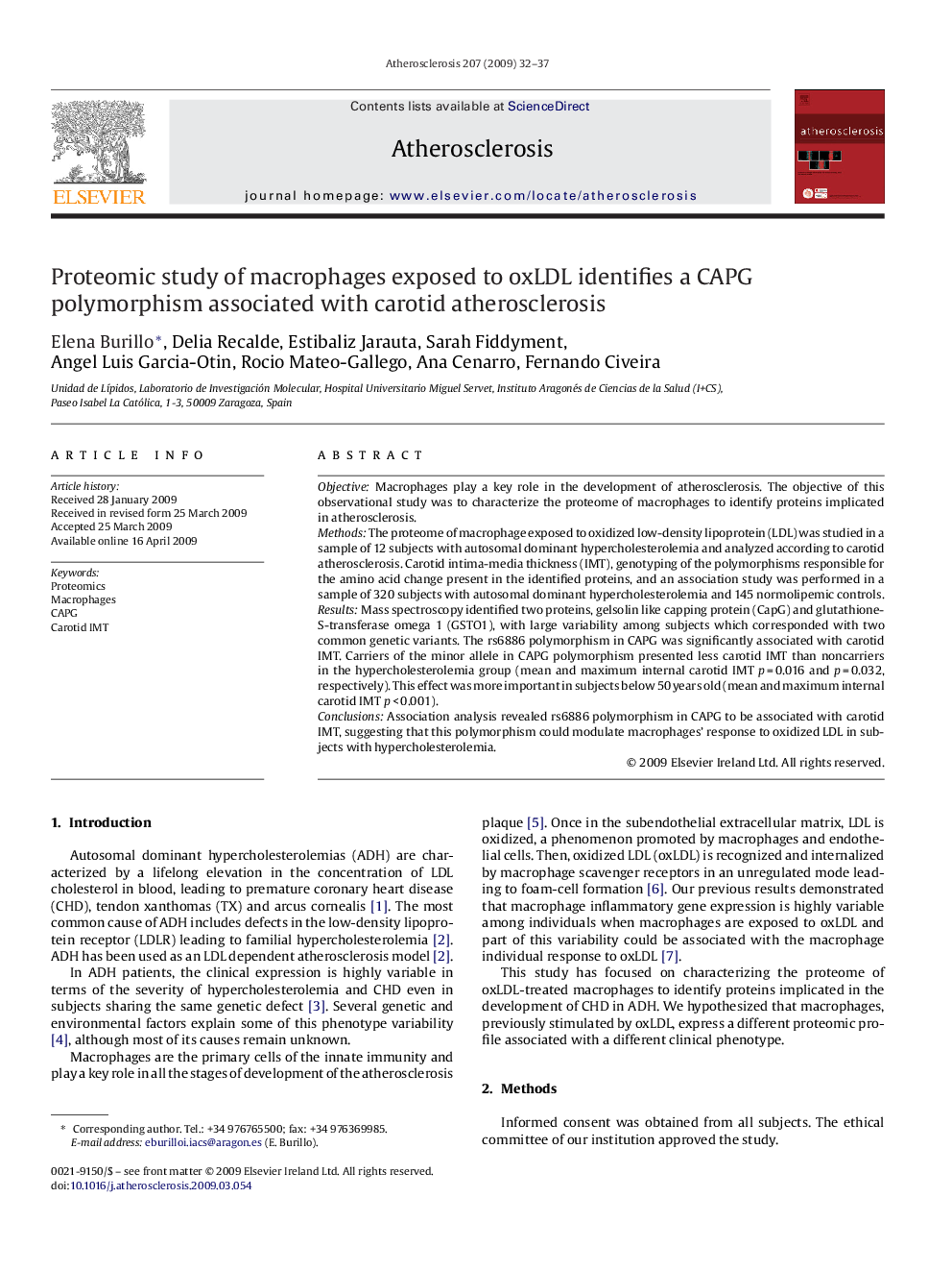 Proteomic study of macrophages exposed to oxLDL identifies a CAPG polymorphism associated with carotid atherosclerosis