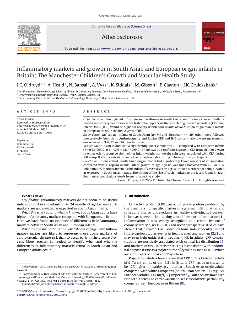 Inflammatory markers and growth in South Asian and European origin infants in Britain: The Manchester Children's Growth and Vascular Health Study