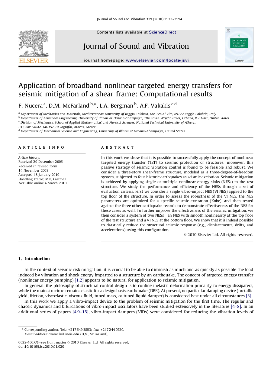 عکس صفحه اول مقاله: Application of broadband nonlinear targeted energy transfers for seismic mitigation of a shear frame: Computational results Application of broadband nonlinear targeted energy transfers for seismic mitigation of a shear frame: Computational results