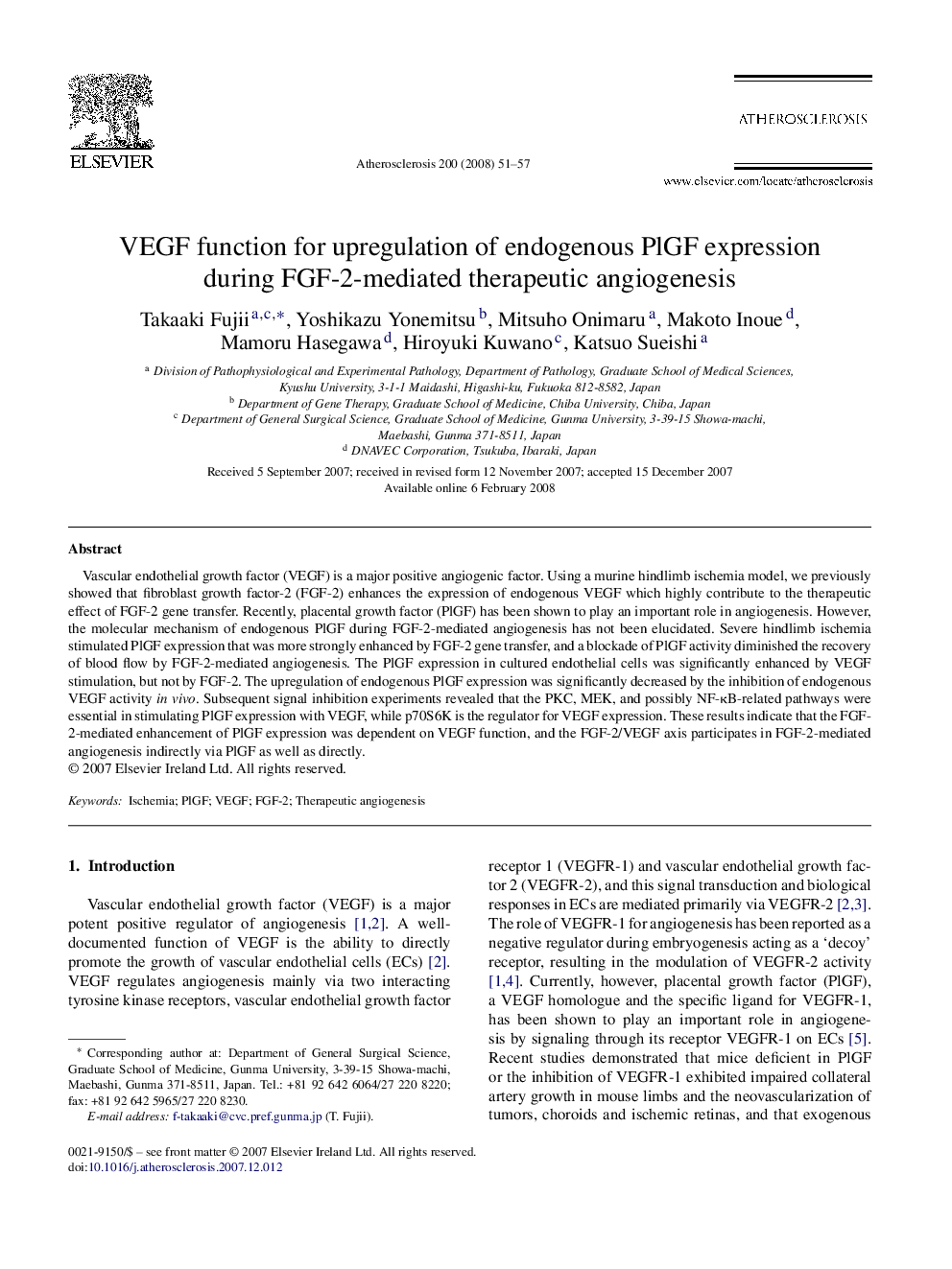 VEGF function for upregulation of endogenous PlGF expression during FGF-2-mediated therapeutic angiogenesis