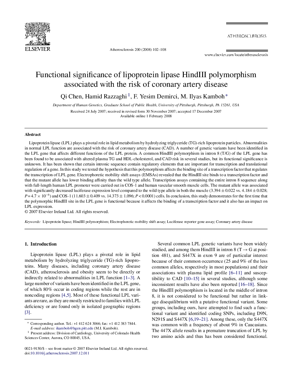 Functional significance of lipoprotein lipase HindIII polymorphism associated with the risk of coronary artery disease