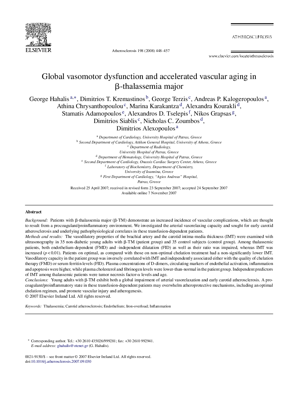 عکس صفحه اول مقاله: Global vasomotor dysfunction and accelerated vascular aging in β-thalassemia major Global vasomotor dysfunction and accelerated vascular aging in β-thalassemia major