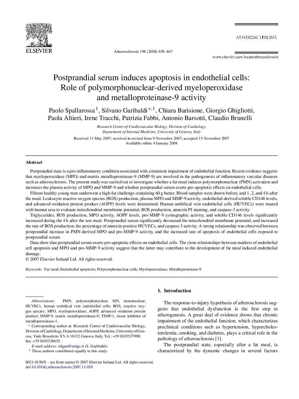 Postprandial serum induces apoptosis in endothelial cells: Role of polymorphonuclear-derived myeloperoxidase and metalloproteinase-9 activity