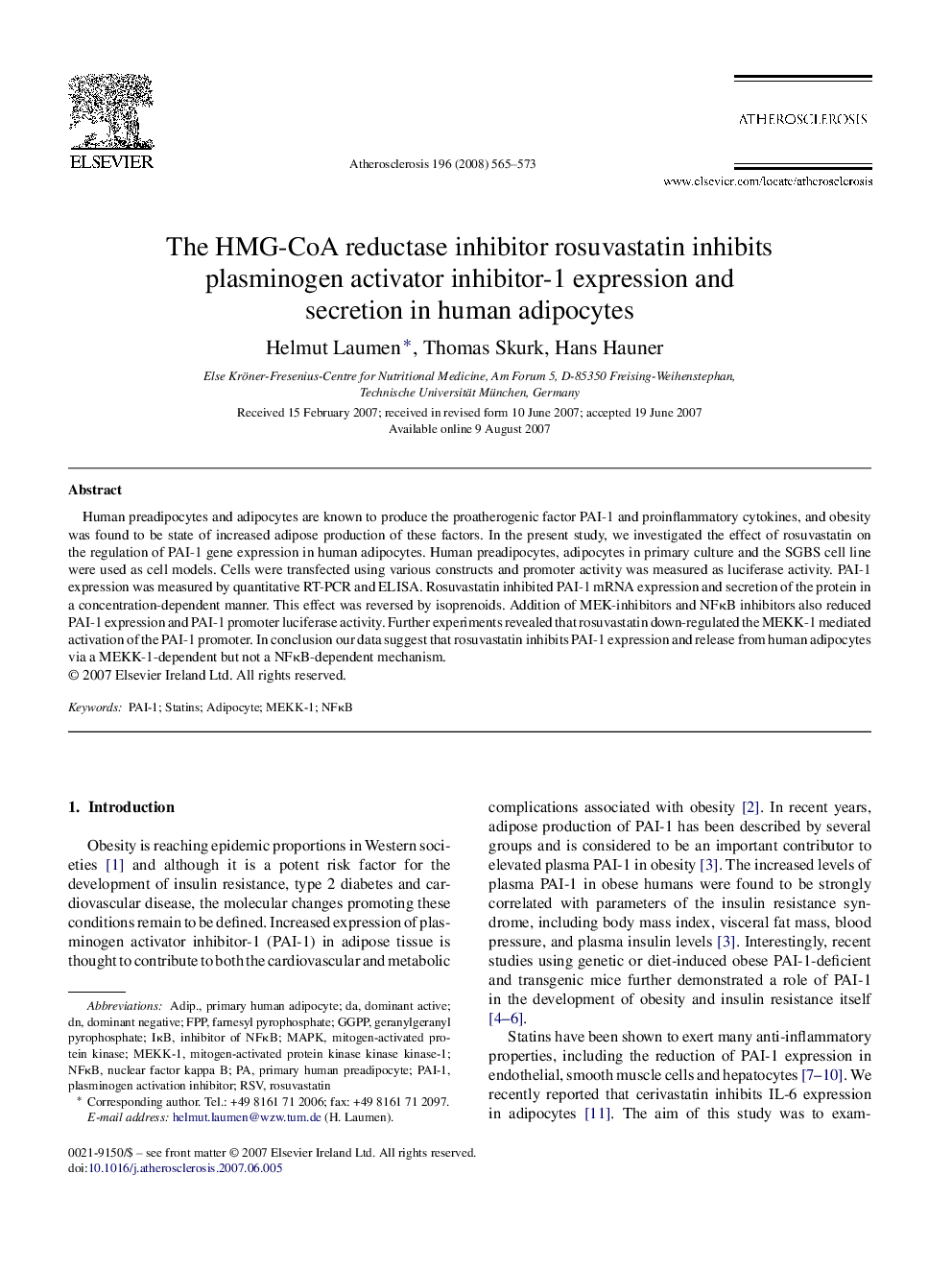 The HMG-CoA reductase inhibitor rosuvastatin inhibits plasminogen activator inhibitor-1 expression and secretion in human adipocytes