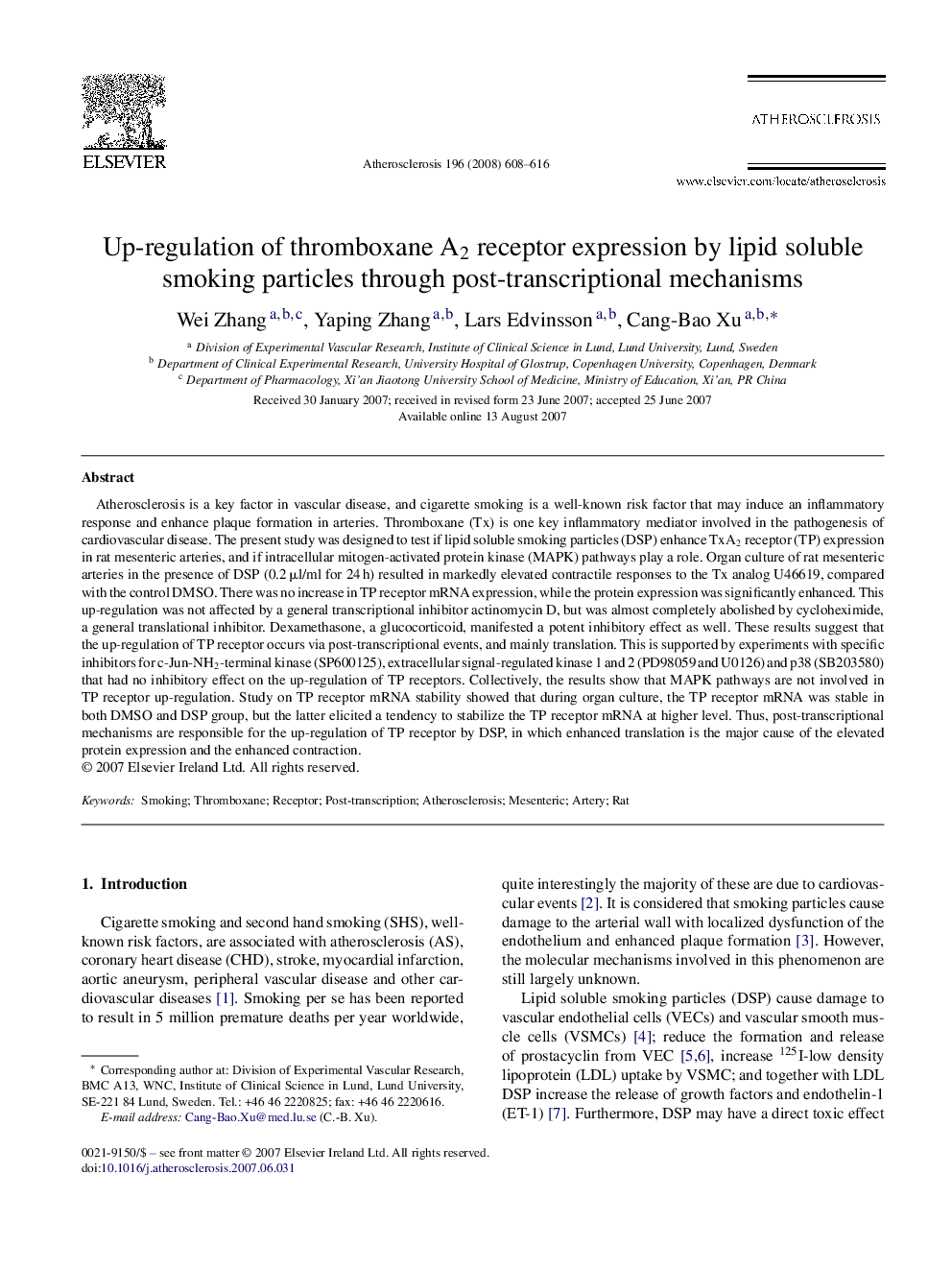 Up-regulation of thromboxane A2 receptor expression by lipid soluble smoking particles through post-transcriptional mechanisms