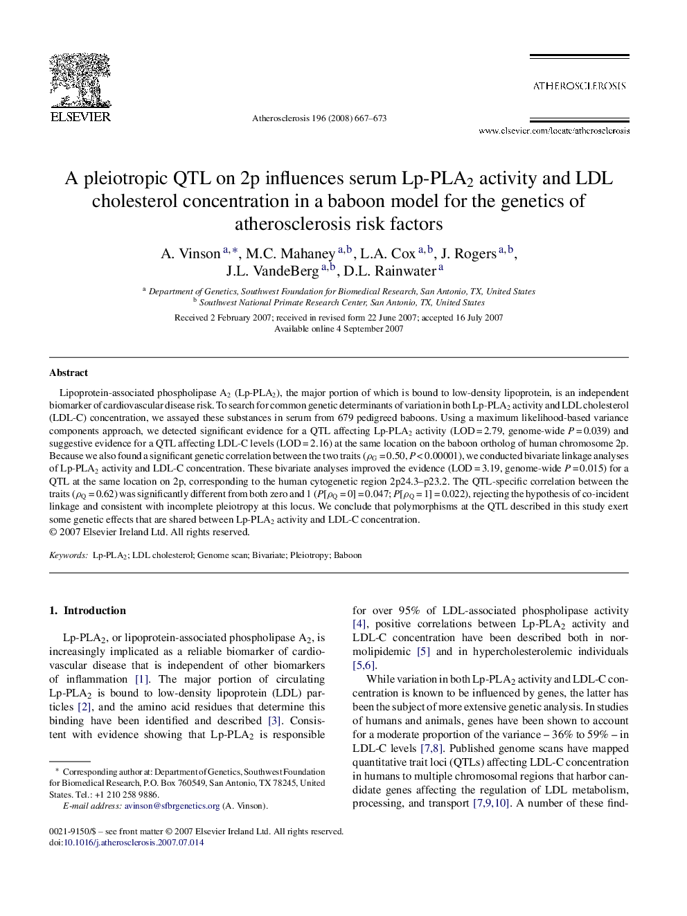 A pleiotropic QTL on 2p influences serum Lp-PLA2 activity and LDL cholesterol concentration in a baboon model for the genetics of atherosclerosis risk factors